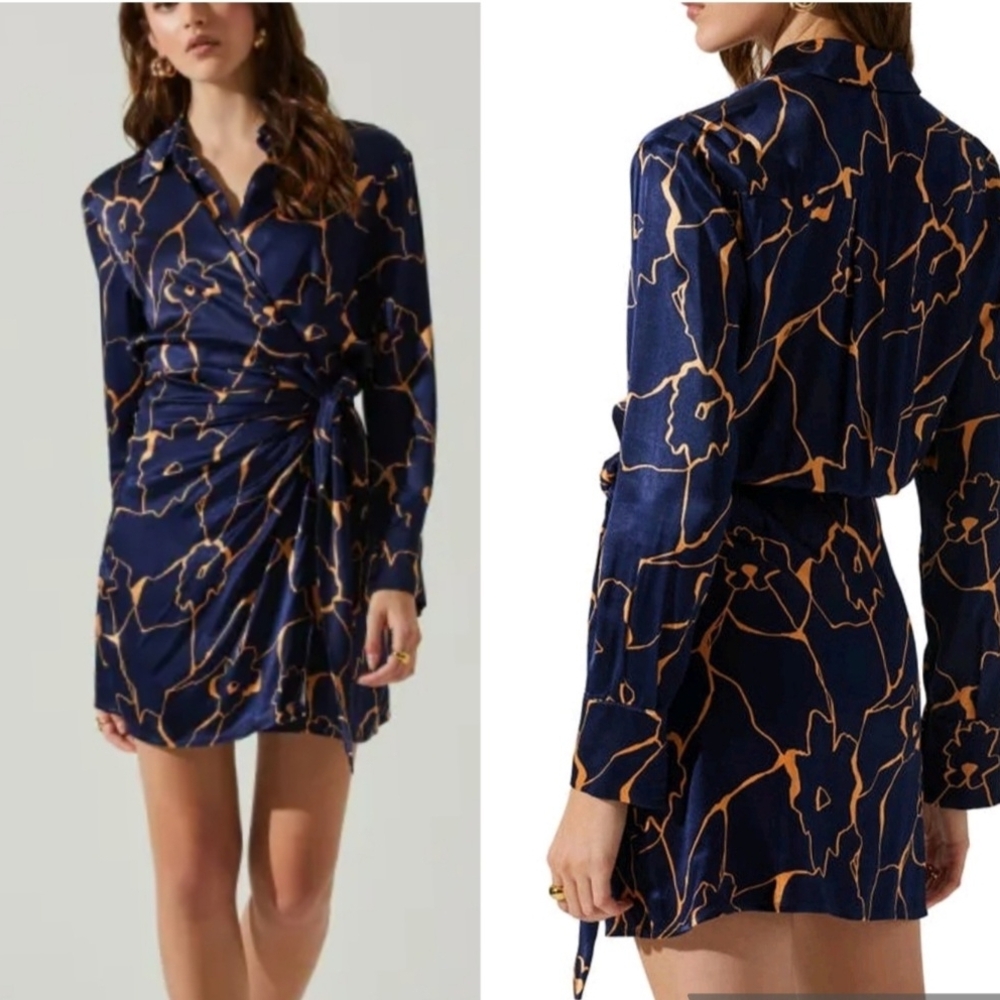 Astr Navy and Gold Floral Long Sleeve Dress
